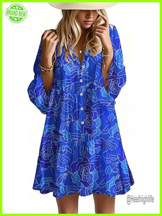 Dresses & Skirts - Flowy Ruffle 3/4 Sleeve V Neck Tiered Casual Babydoll Boho Beach Mini Dress